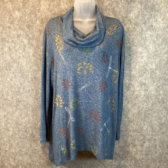 Jess & Jane Top Tunic Women X Large Blue Floral Cowl Neck Lagenlook Flowy - Picture 2 of 13